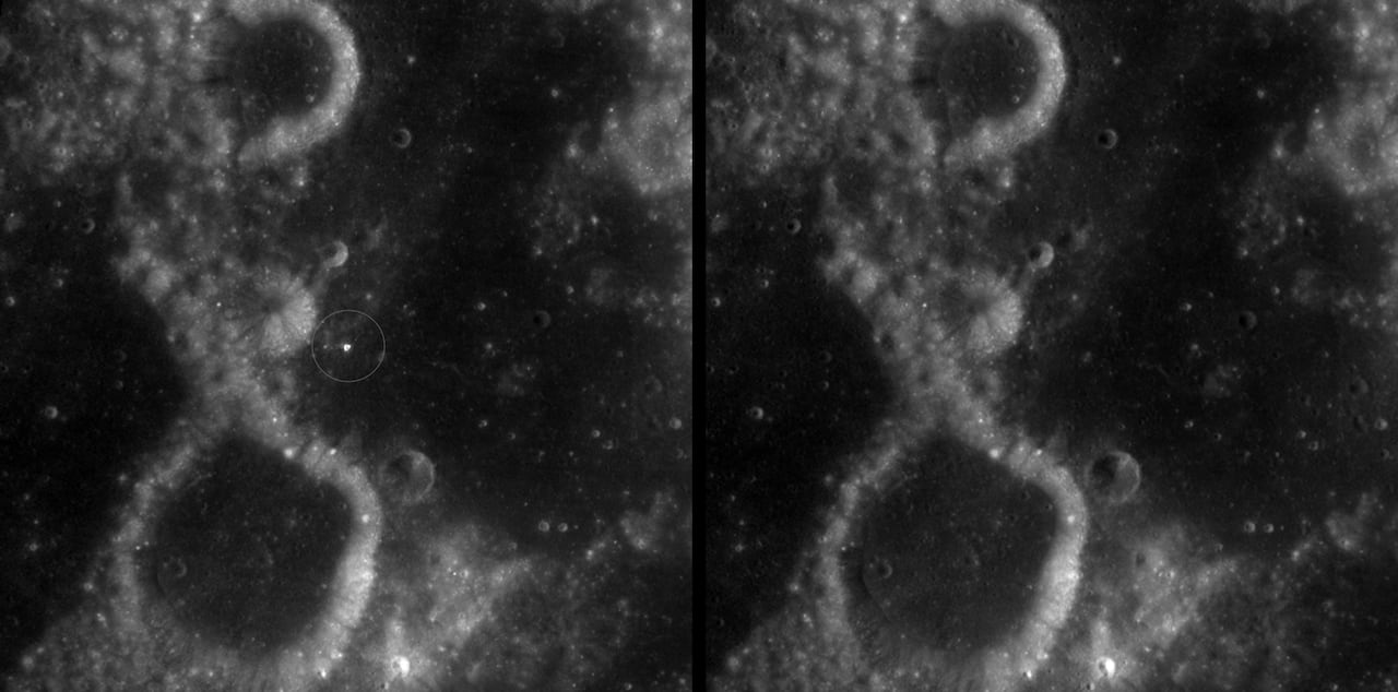 default-984 Two side-by-side images show the surface of the moon with and without the crater.